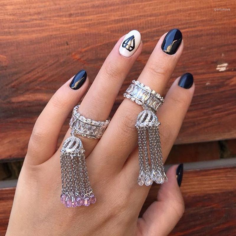 

Wedding Rings Silver 925 Ring Tassel Baguette For Women With White Pink Blue Green Crystal Stone Fine Jewelry Gift