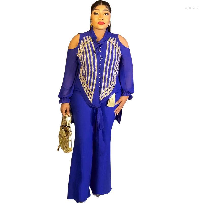 

Ethnic Clothing African Clothes For Women Summer Elegant Long Sleeve Blue Yellow Red White 2pcs Sets Top Pant Matching