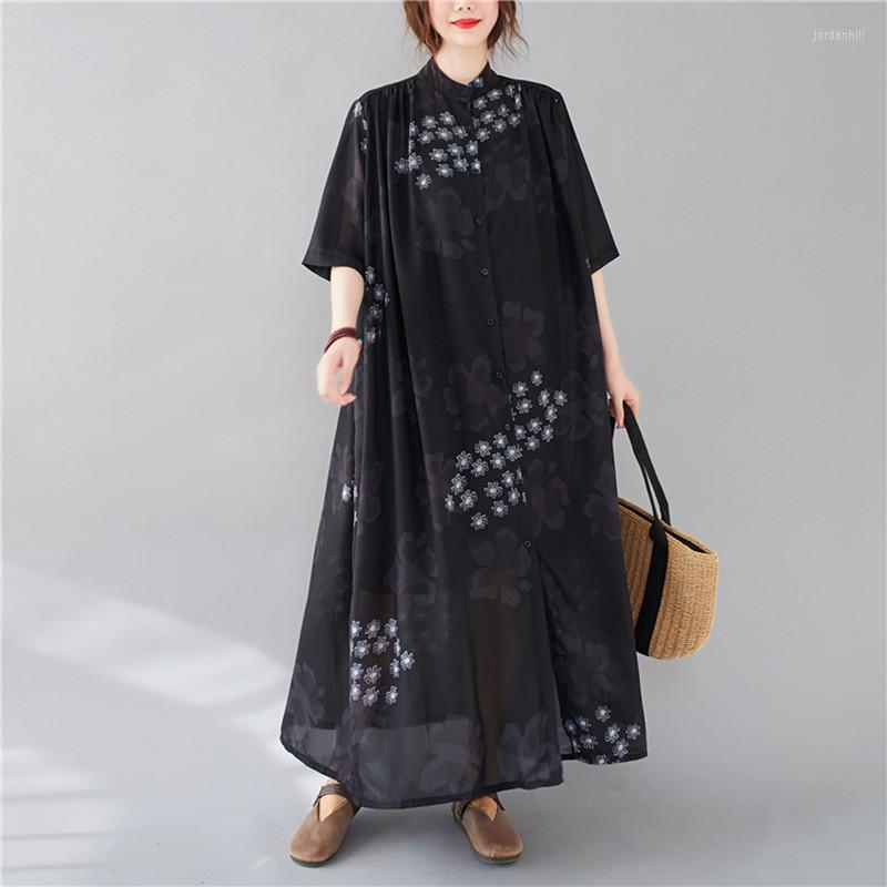

Party Dresses Johnature 2023 Summer Chiffon Floral Print Robe For Women Casual Simple Single-breasted Loose Dress, Black
