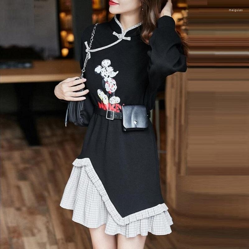 

Ethnic Clothing Women Retro Chinese Style Qipao Loose Casual Hanfu Long Sleeve Stand Collar Improved Cheongsam Buckle Party Dress TA2453