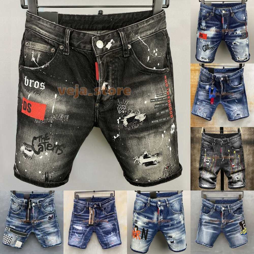 

Mens Summer Jeans Denim Shorts for Man Blue Black Shorts Mens Zip Breeches Metal Button DSQUAR Skinny Slim Hole Patchy Water Washed Maple Leaf Designer Pants, #03