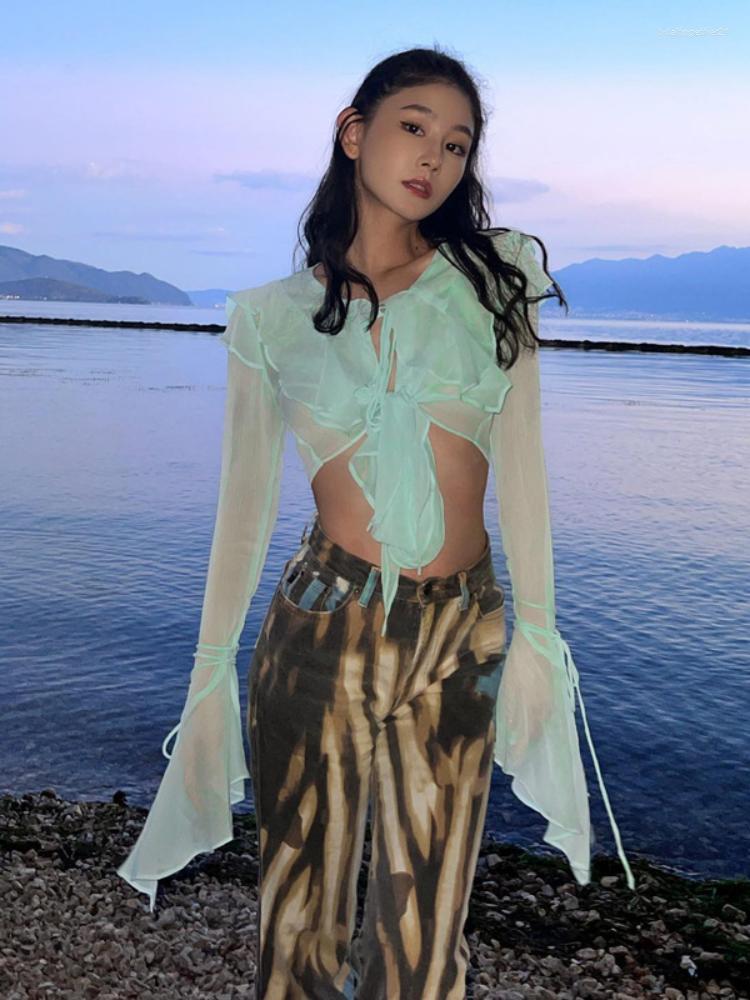 

Women' T Shirts Y2k Streetwear Sexy Crop Top Sheer Irregular Short Strappy Solid Slim Fit Women Shirt 2023 Summer Long Sleeve Fashion Tops, Black