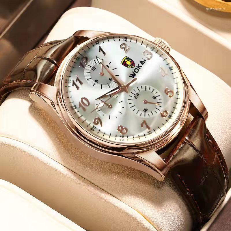 

Wristwatches WOKAI High Quality Men's Casual Belt Quartz Watch Night Light Waterproof Business Fashion Clock Vintage Pors, Men watch