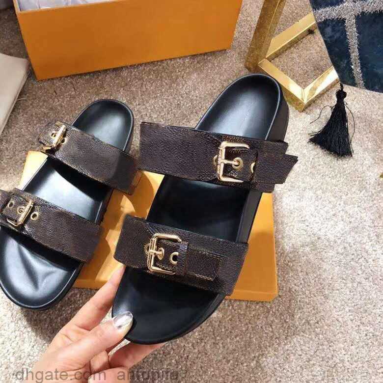 

luxury design women men lover Beach slippers summer ladies Bom Dia Flat Mule sandal gold-tone buckles two straps slide shoes size 35-42-46, Navy denim