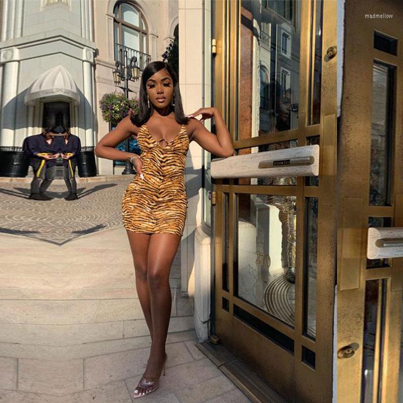 

Casual Dresses K Spring Summer Sexy Leopard V-neck Spaghetti Strap Short Dress For Women Backless Tiger Pattern Sheath Hip, Apricot