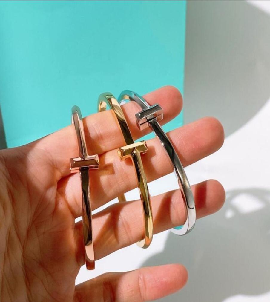 

Fashion Jewelry Lady Women Bangle Titanium Steel T letter double open Bracelet 3 Color9302660