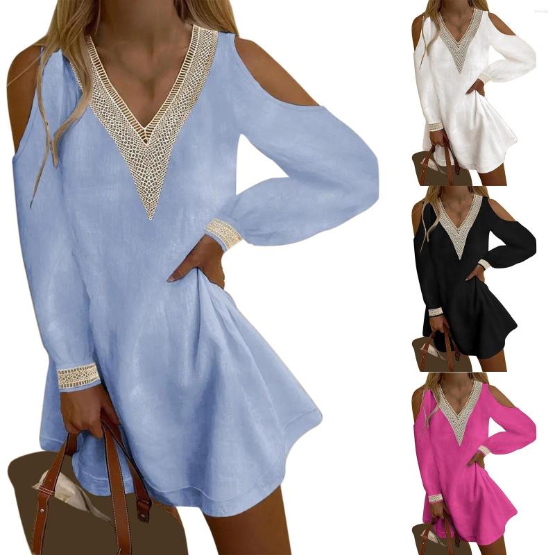 

Casual Dresses Women'S Off Shoulder Long Sleeve Lace Linen Straight Dress Shirt Summer Women, White