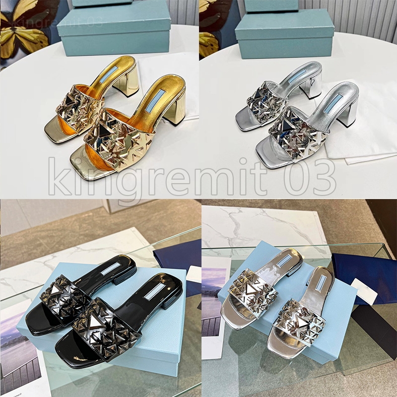 

Designer Slippers Studded Metallic Leather Mules Slipper Women High Heel Sandal Fashion Flat Slide Beach Sandal Gold And Silver Flip Flops With Box