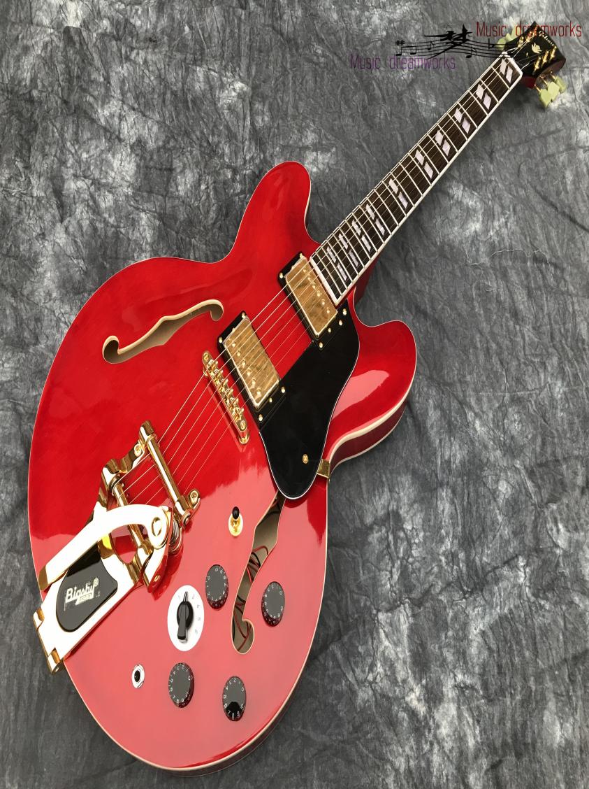

China electric guitar OEM shop electric guitar hollow jazz guitar big jazz vibrato system Transparent red Multiposition switch7709591
