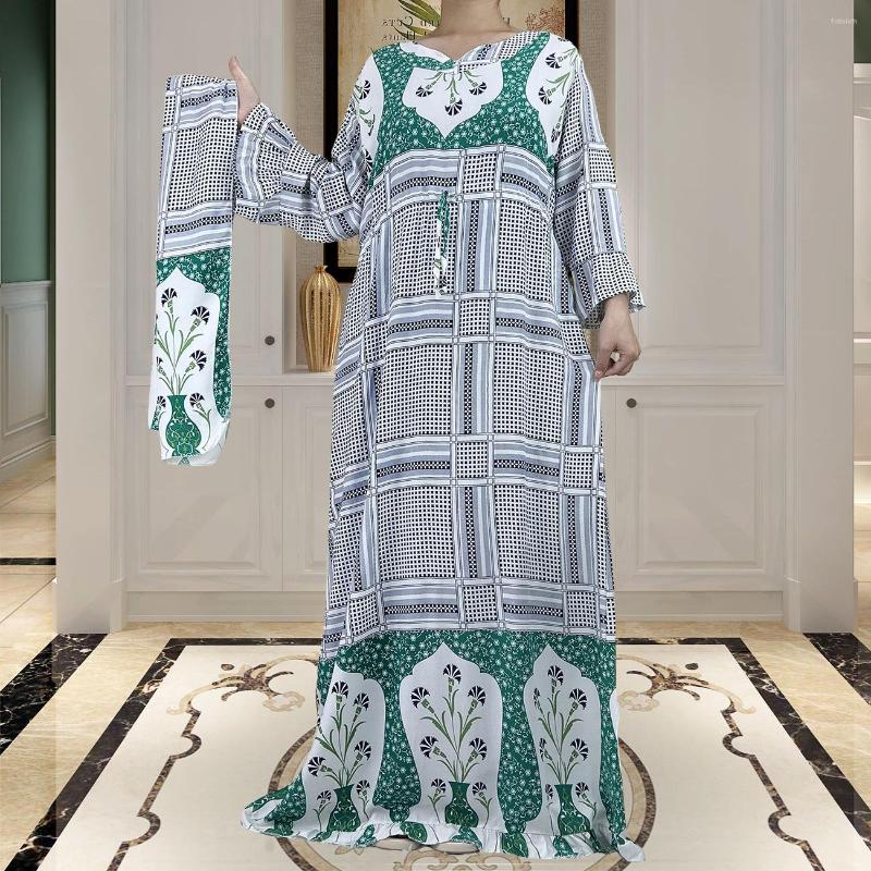 

Ethnic Clothing African Dresses For Women Muslim Cotton Long Sleeve Femme Boubou Robe 2023 Novelty Maxi Clothes Floral V-neck With Hijab