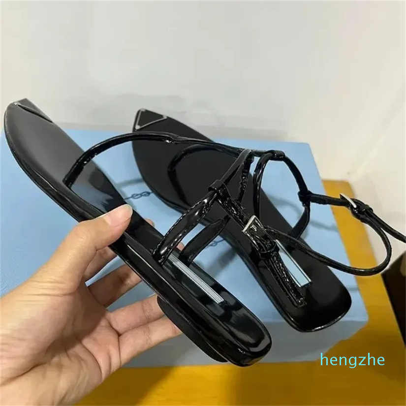 

sandals Black stamped Enameled metal Beach Sandals designer sandals women Flats sandal, Bright black 3