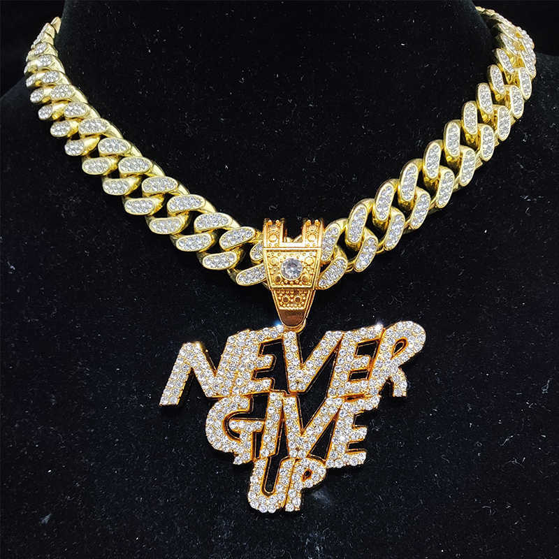 

Men Women Hip Hop NEVER GIVE UP Pendant Necklace 13mm Crystal Cuban Chain HipHop Iced Out Bling Necklaces Fashion Charm Jewelry