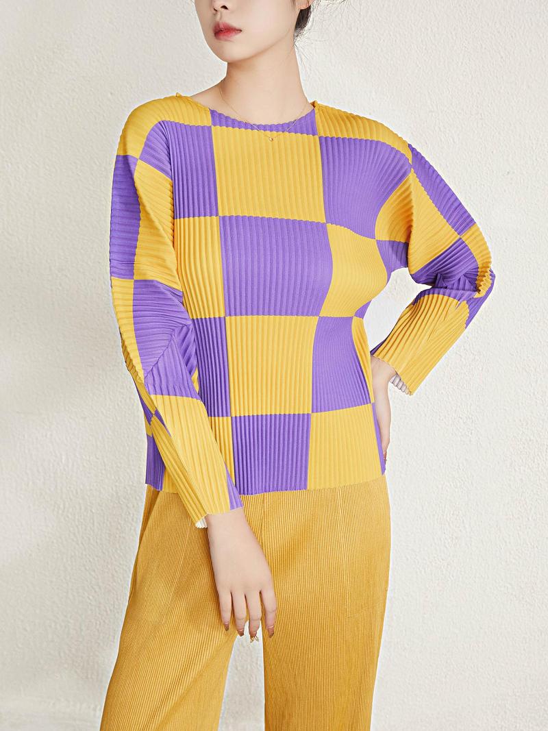 

Women's T Shirts Pleated Plaid Long-sleeved T-shirt Spring Design Feeling Small Crowd Loose Round Neck Top, Picture color