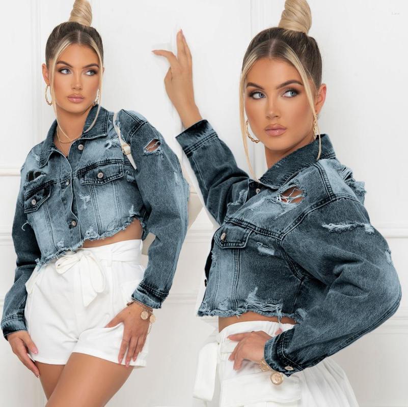 

Women' Jackets Ripped Jeans Short Coat Sexy Women Turn Down Collar Novelty Casual Denim Jacket, Sk23520