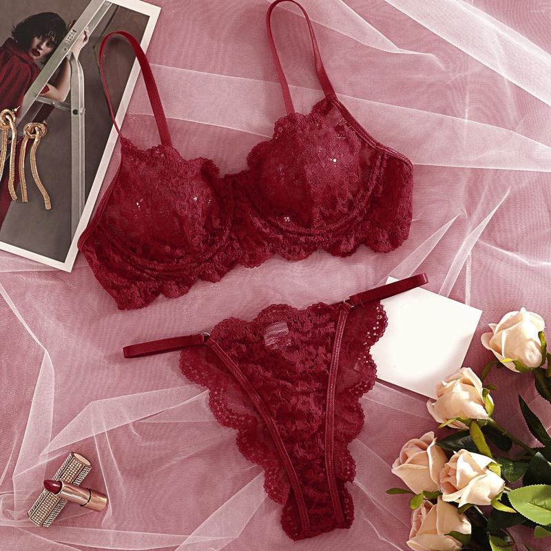 

Bras Sets Women Lady Sexy Mesh Lingerie Set Women's Lace Bra Push Up Underwire And Panties, Red