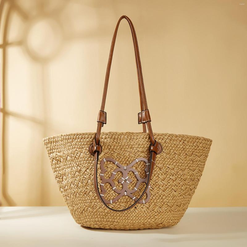 

Evening Bags Luxury Design Striped Shoulder Women Summer Beach Straw Bag Large Capacity Casual Totes Female Eco Friendly Handbags, Beige