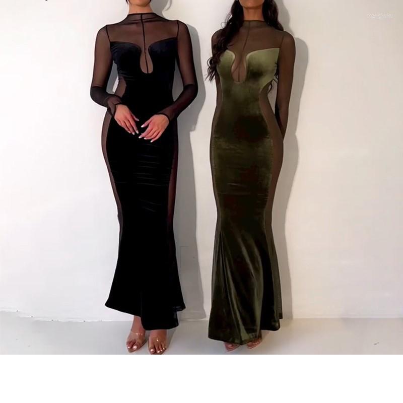 

Casual Dresses 2023 Autumn See Through Sexy Mesh Velvet Long Maxi Dress Club Evening Party Women Patchwork Bodycon Robe Femme, Black
