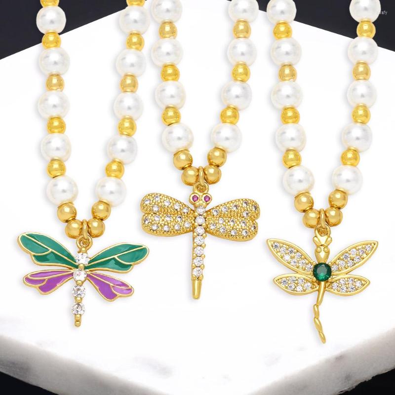 

Pendant Necklaces Chunky White Pearl Beaded Necklace For Women Copper Zircon Dragonfly Statement Crystal Jewelry Gifts Nkeb596