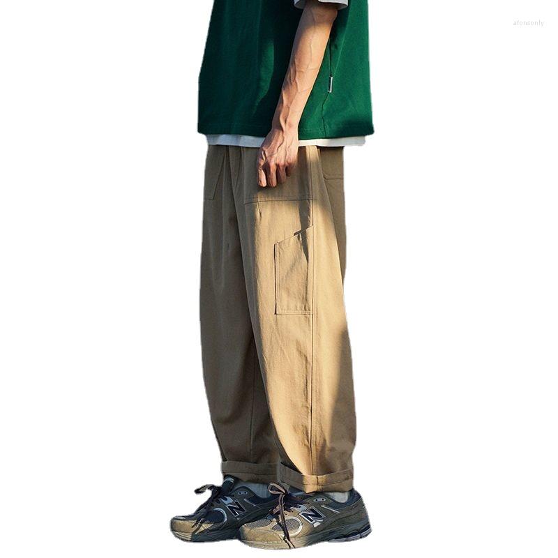 

Men's Pants Streetwear Casual Baggy Cargo Pant Men Spring Harajuku Loose Straight Trousers Big Pocket Elastic Waist Wide Leg Men's A71, Khaki