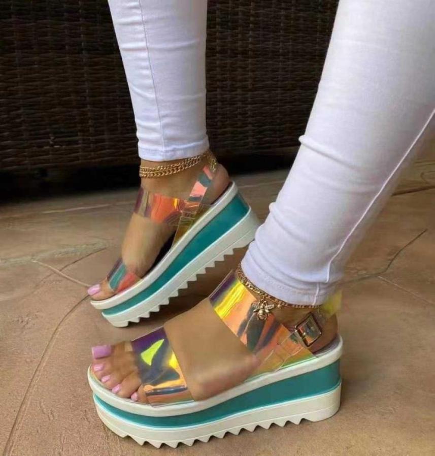 

happybuybag 2022Thick soled Mid Heel one button transparent sandals women039s large size women039s beach sandals6229390, Red