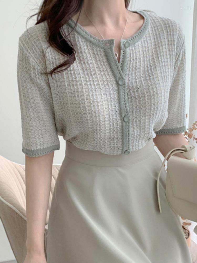 

Women's Blouses Women O-neck Contrast Color Knit Shirt Short Sleeve Plaid Solid Single Breasted Blouse 2023 Summer Fashion Top Y021, Green