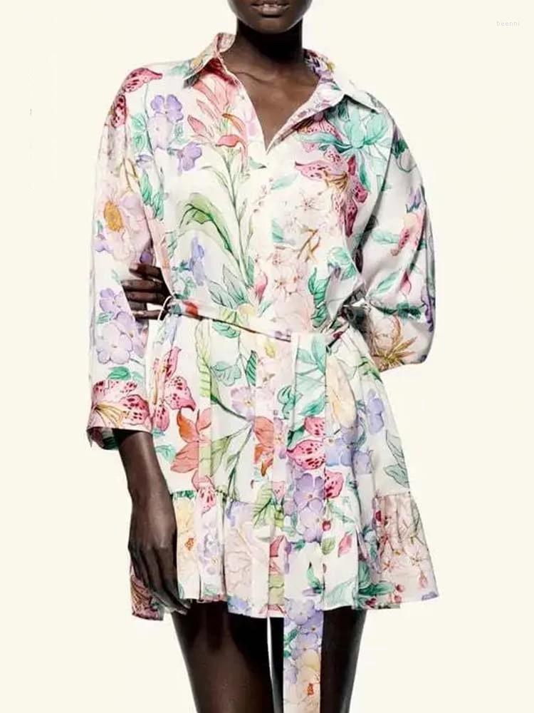 

Casual Dresses Pink Floral Shirt Dress Women Ruffle Mini Long Sleeve Lady Print Summer Strappy Belt Short Office Wear, 9820