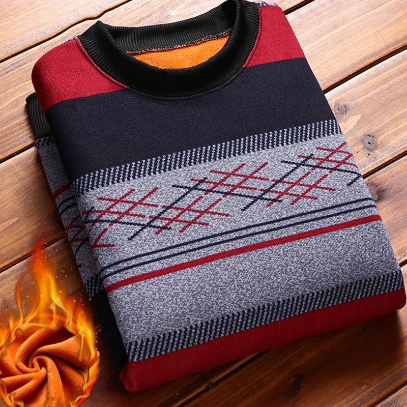 

Men's T Shirts 2023 Plush Long Sleeve T-shirt Warm Sweater Stripe Round Neck Knitting Bottoming Shirt