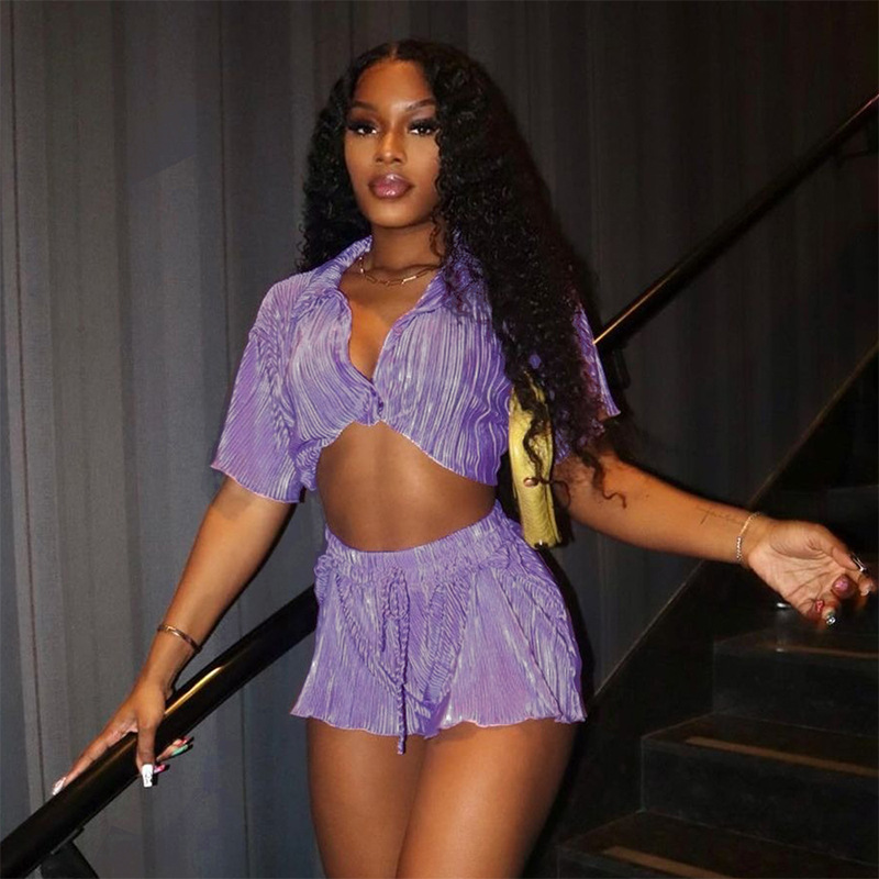 

Stylish Sexy Women's Two Piece Pants Fashion Purple Suits Summer Lapel Wooden Ear Edge Top Draw Rope Shorts Female Casual Suit