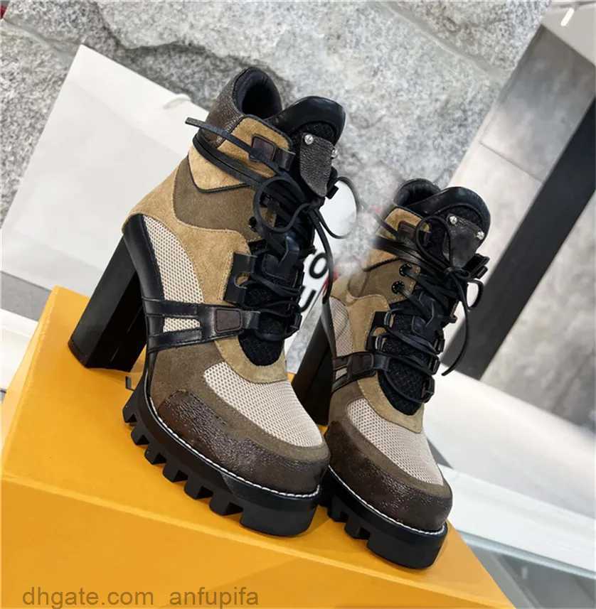 

2023 Designer Paris Iconic Star Trail Ankle Boots Treaded Rubber Patent Canvas And Leather High Heel Chunky Lace up Martin Ladys Winter Sneakers Size 35-41