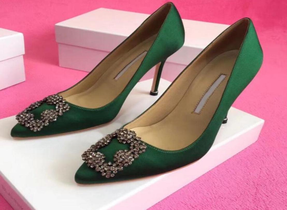 

2022 Brand Silk Pumps Women High Heel Shoes 8 10 12cm Spring Pointed Rhinestone Square Buckle Satin Womens Wedding Shoes 35429251596, Red