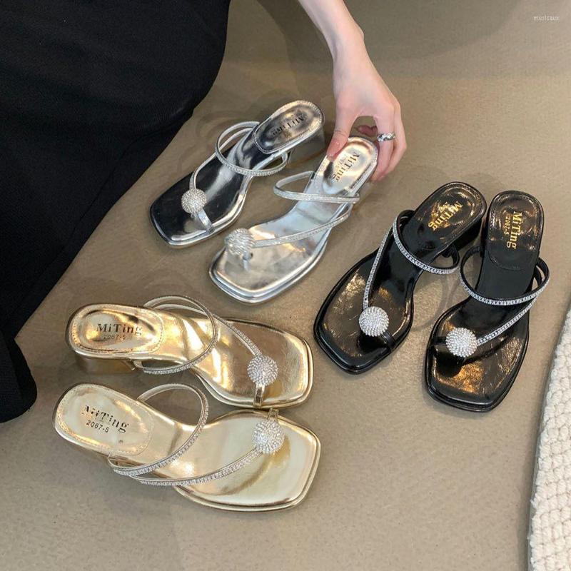 

Slippers Fashion Women Sandals Summer Outside Slides Flat Mid Heels Rhinestone Crystal Party Pumps Sexy, Black