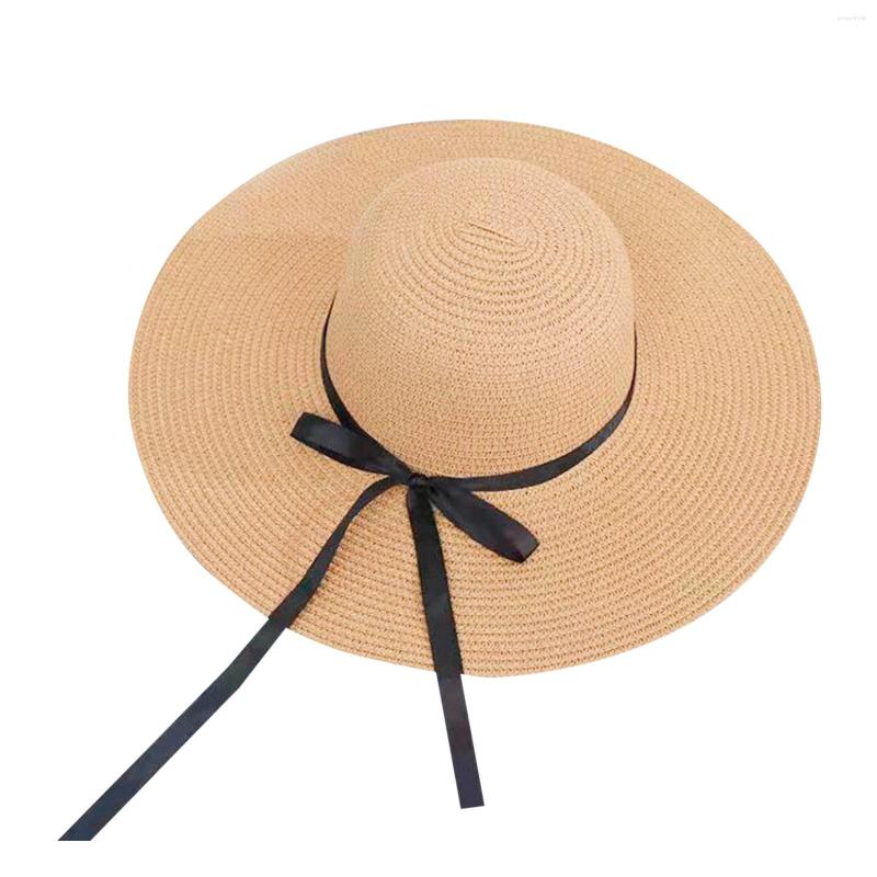 

Wide Brim Hats Women Big Sun Straw Hat Floppy Caps Bowknot Folding Beach Cap Solid Color Dome Summer Bonnet Gorras, White