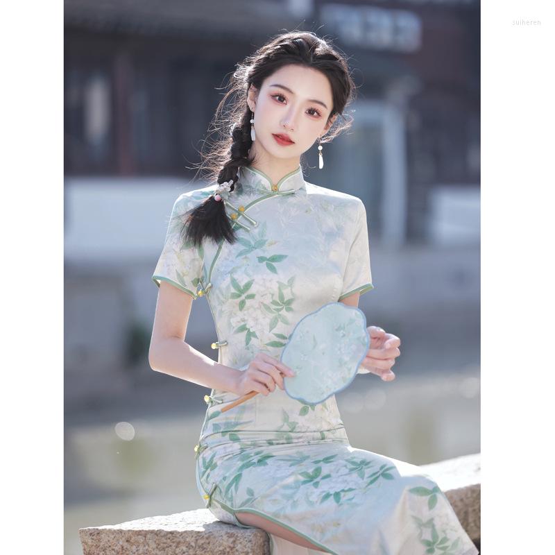 

Ethnic Clothing 2023 Fresh Green Women Vintage Cheongsam Dress Girl Chinese Style Traditional Short Sleeve Floral Slim Qipao S To XXL