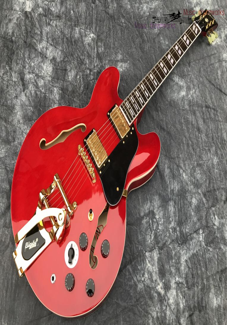 

China electric guitar OEM shop electric guitar hollow jazz guitar big jazz vibrato system Transparent red Multiposition switch7079597