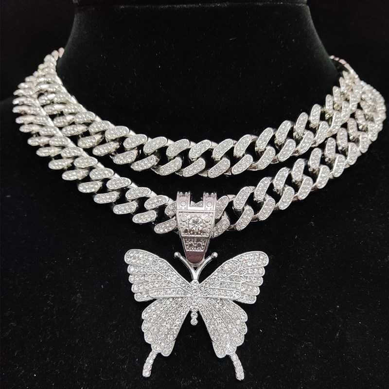 

Men Women Hip Hop Iced Out Bling butterfly Pendant Necklace with 13mm Crystal Cuban Chain HipHop Necklaces Fashion Charm Jewelry