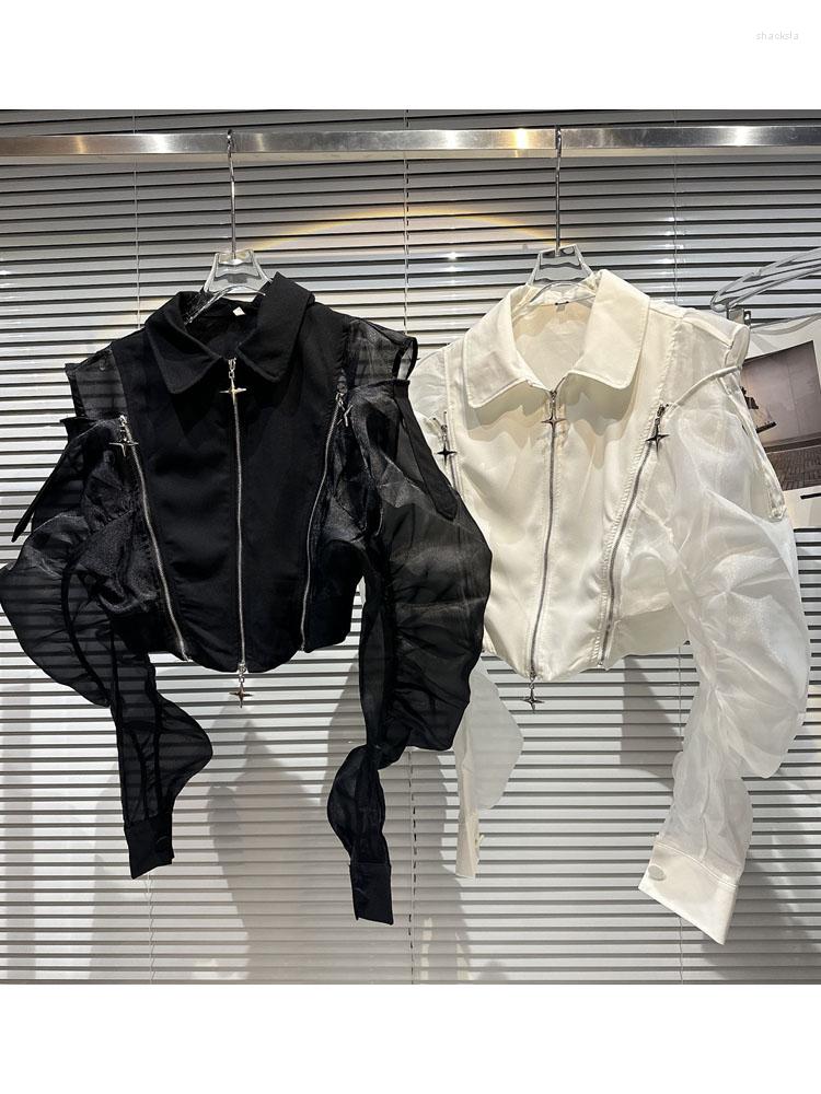 

Women' Jackets HIGH STREET Est Fashion 2023 Spring Designer Jacket Double Zipper Shoulder Leaking Mesh Pleated Sleeve Short, Black
