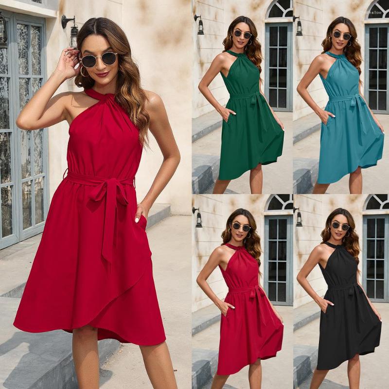 

Casual Dresses Solid Color Waist Wrap Dress Evening Party V-Neck Sleeveless Irregular Bottom, Blue
