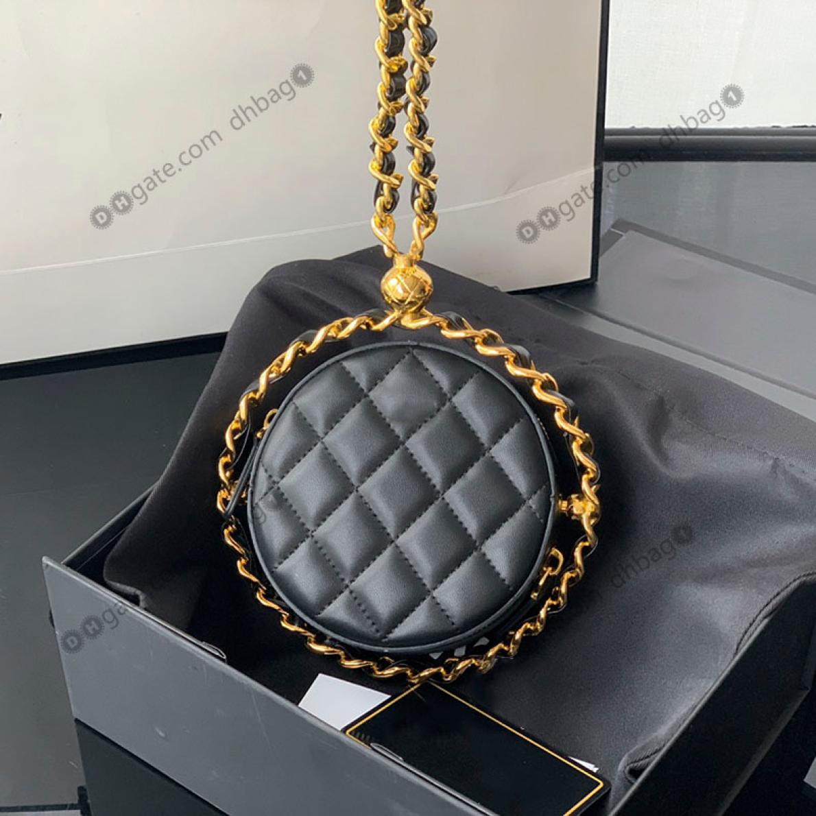 

Designer 2022 Rotating Mini Round Evening Bags Black Real Leather Quilted Luxury Handbags Gold Metal Hardware Portable Chain Tote 8676829