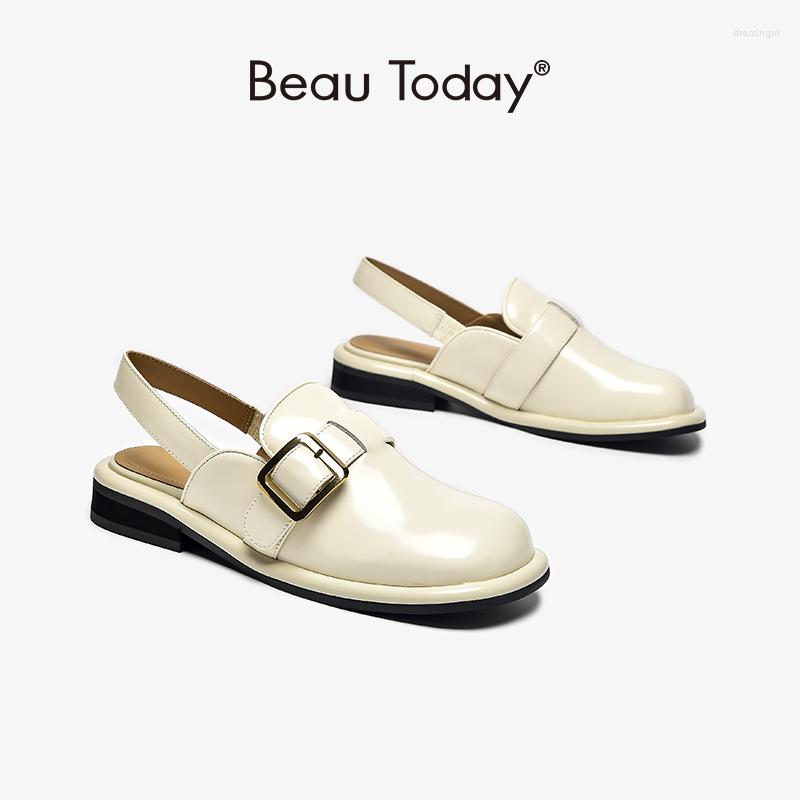 

Sandals BeauToday Sling-back Women Genuine Cow Leather Solid Color Metal Decoration Slip-on Ladies Summer Shoes Handmade 32400, Beige