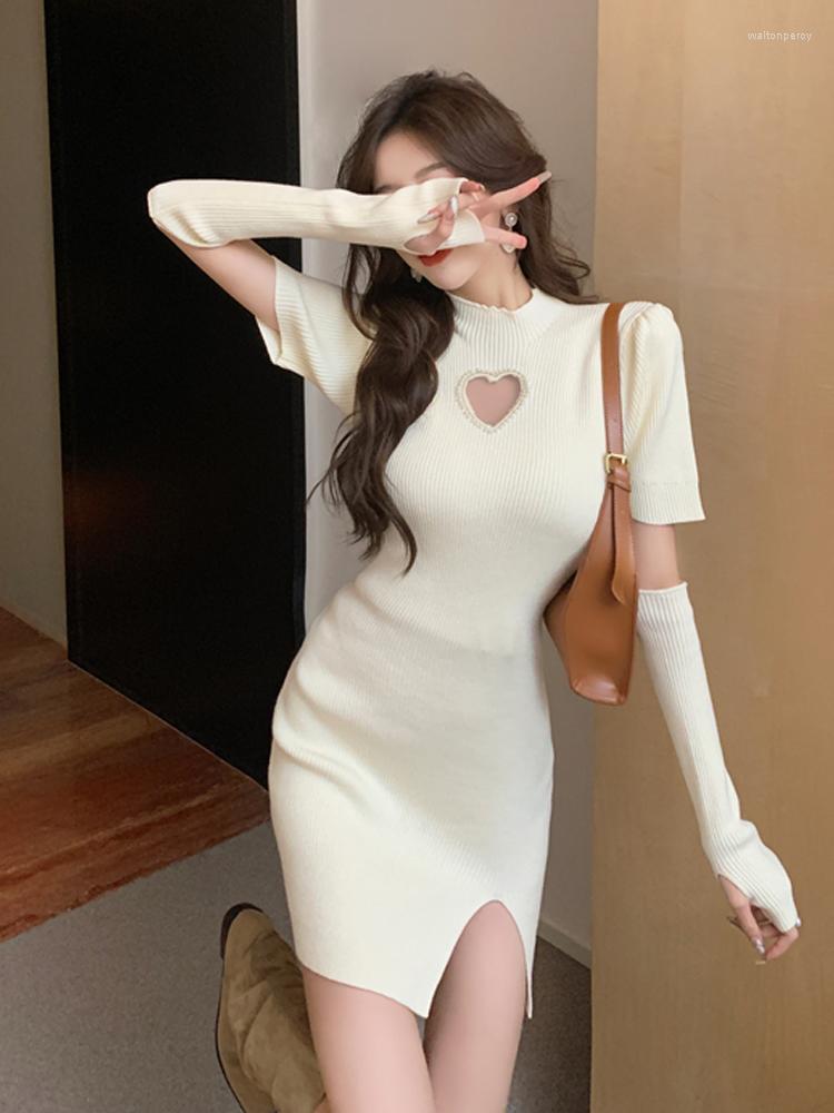 

Casual Dresses Heart-Shaped Hollow Out Sleeves Slit Dress Fashion Knit Skirt Half High Collar Elastic Party Women Midi Two Season Wear, Black