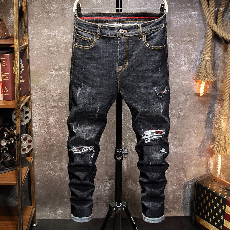 

Men's Jeans High Quality Fashion Men's Black Straight Slim Fit Elastic Ripped Casual Trousers Male Designer Hip Hop Denim Pants Homme, 726 black