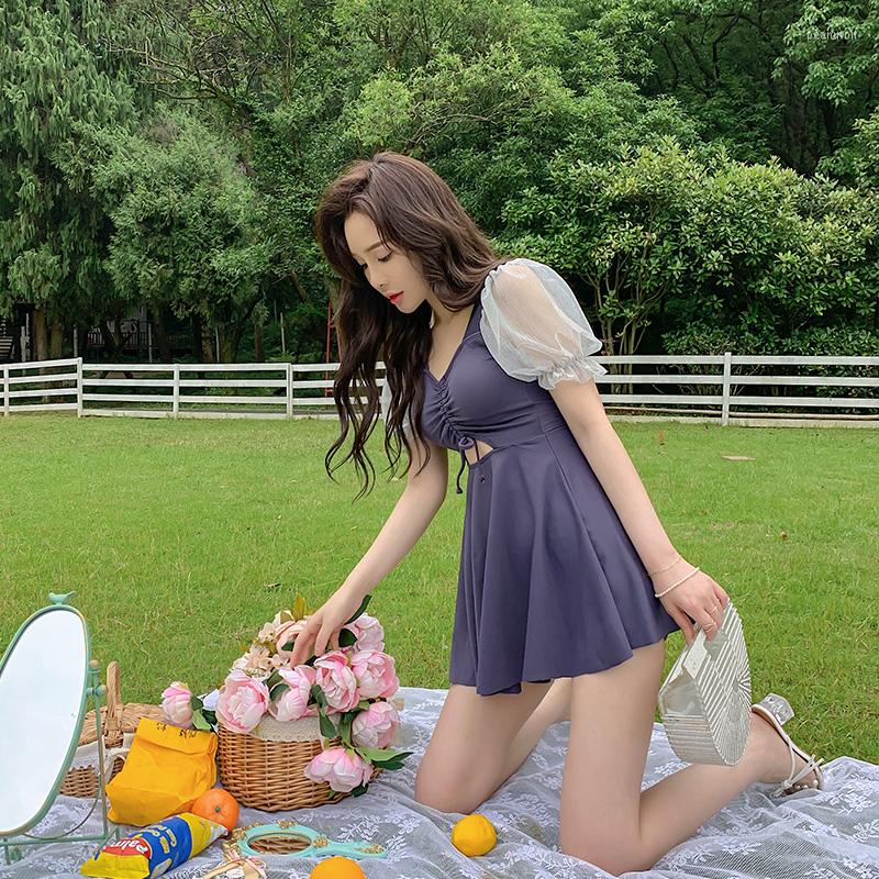 

Women's Swimwear One-piece Swimsuit Short Sleeves High Waist Padded Skirt Female Nude Back, Gray blue