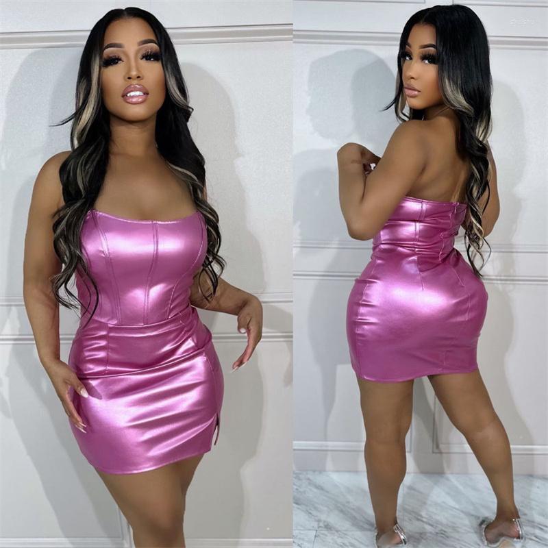 

Casual Dresses Shiny Metallic Strapless Bodycon Mini Party Dress Women Sexy Zipper Backless Side Split Slim Night Clubwear Fashion Vestidos, Pink