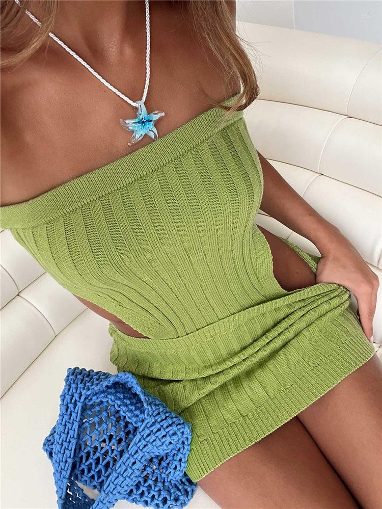 

Casual Dresses Sexy Fashion Strapless Cut Out Mini Women Summer Ribbed Beachwear Holiday Bodycon 2023 Knitted Lady Outfits, Black