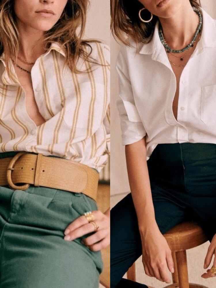 

Women's Blouses Women Cotton Striped Blouse 2023 Early Spring Long Sleeve Single-Breasted Ladies Office Shirt And Tops With Single Pocket, White