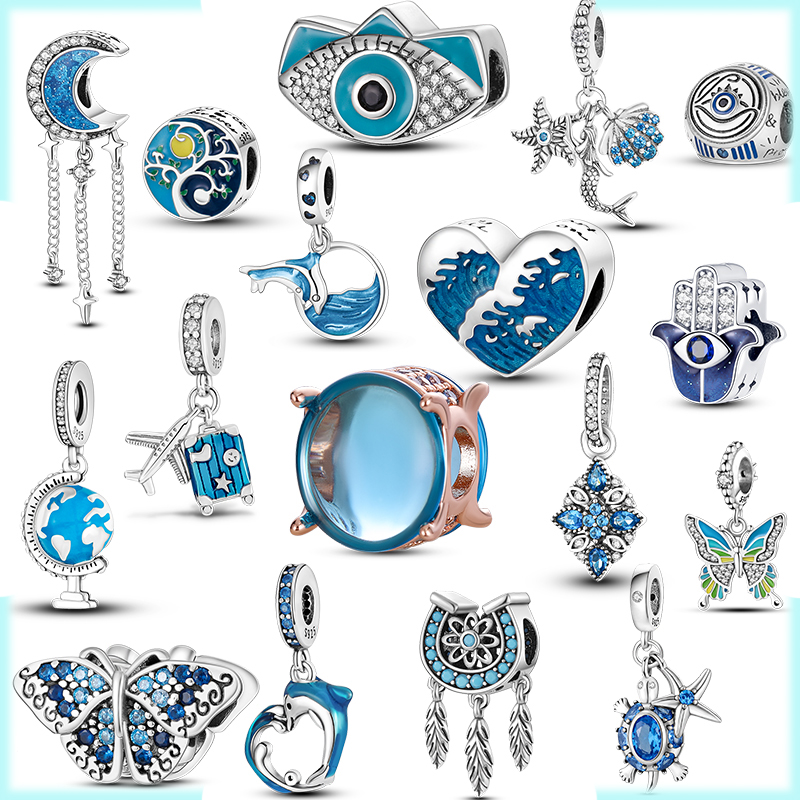 

925 Sterling Silver Pandora Charm Mula Light Blue Series Pendant Silver Butterfly Beads Suitable for DIY Bracelet Women's Jewelry Fashion Accessories