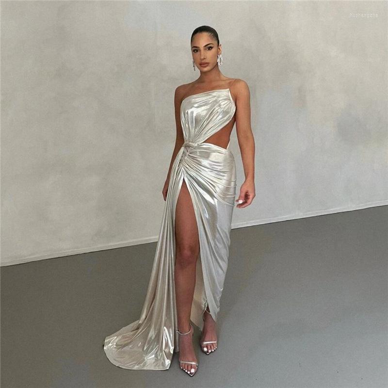 

Casual Dresses Fashion Sexy Metallic Women Summer Open Back Design Slim Long Party Dress For Lady Clothes Drop And Wholesale, Silvery