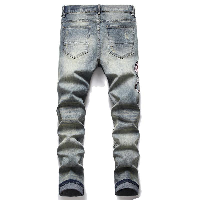 

Men's Jeans Snake Embroidery Streetwear Holes Ripped Stretch Denim Pants Vintage Blue Slim TrousersMen's