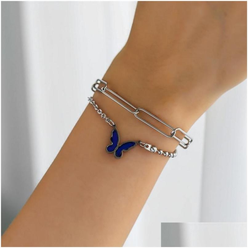

Charm Bracelets Color Changing Butterfly Pendant Bracelet Fashion Doublelayer Stainless Steel Chain Birthday Gift For Women Girls Dr Dh6Wi