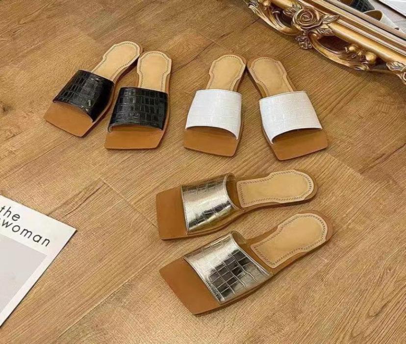 

stylishboxT21040501 40 black white silver sandals flat slides square toe crocodile print calf skin casual summer shoes9921801, Red